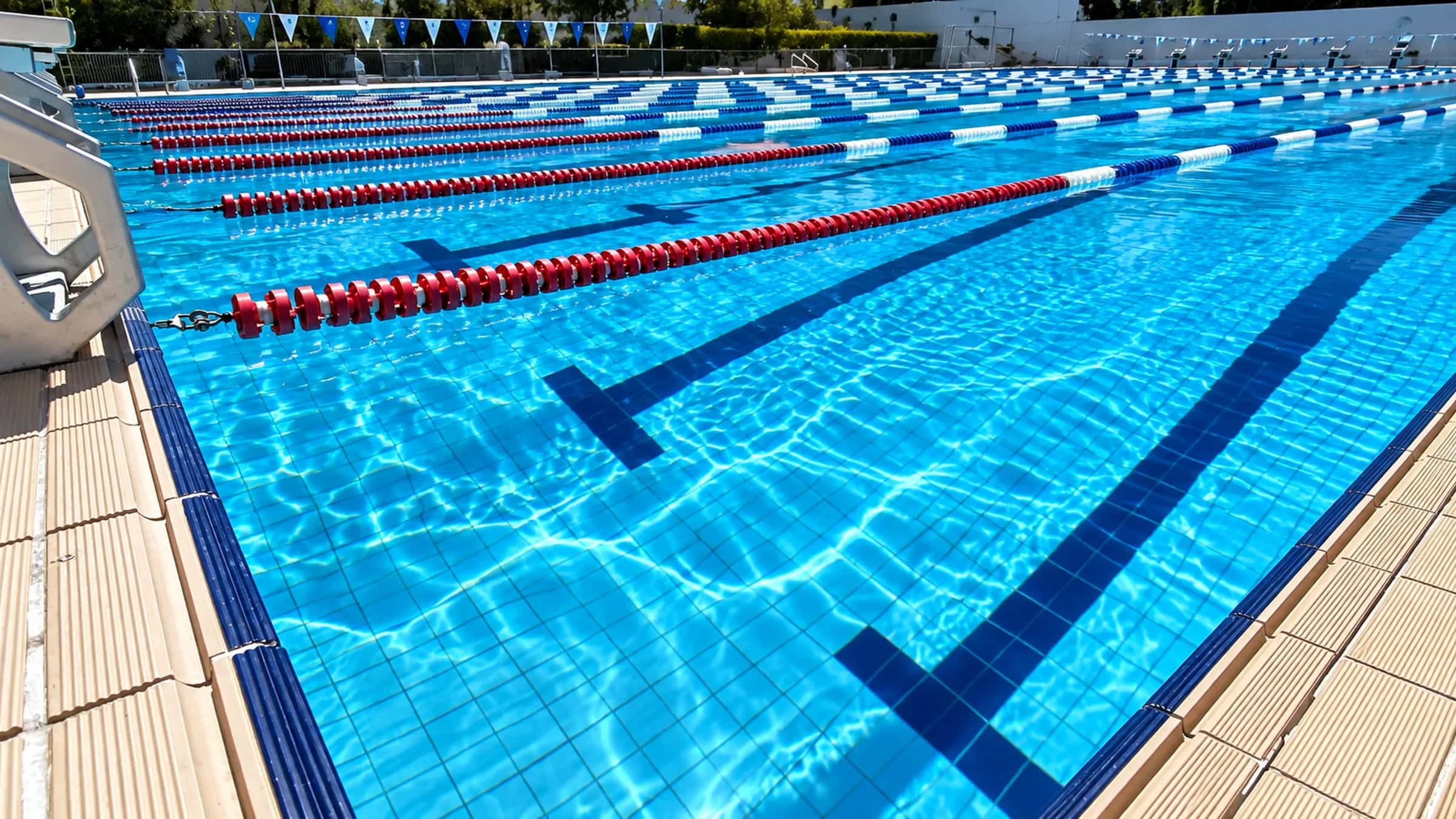 Piscina semiolímpica vazia com raias demarcadas e boias vermelhas sob sol forte