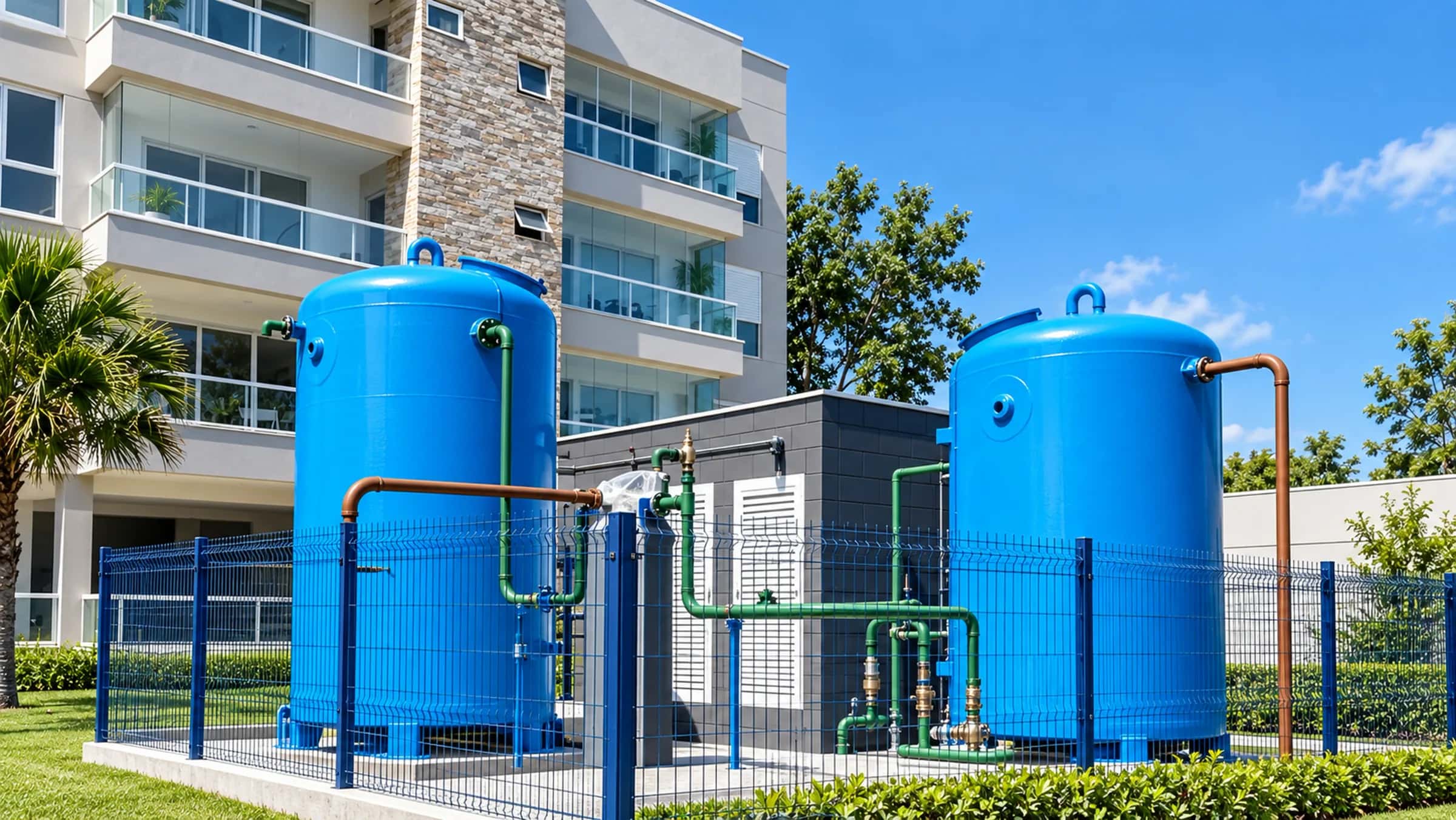 Dois vasos de filtração azuis com tubulação de cobre e válvulas, instalados na área técnica de um edifício residencial