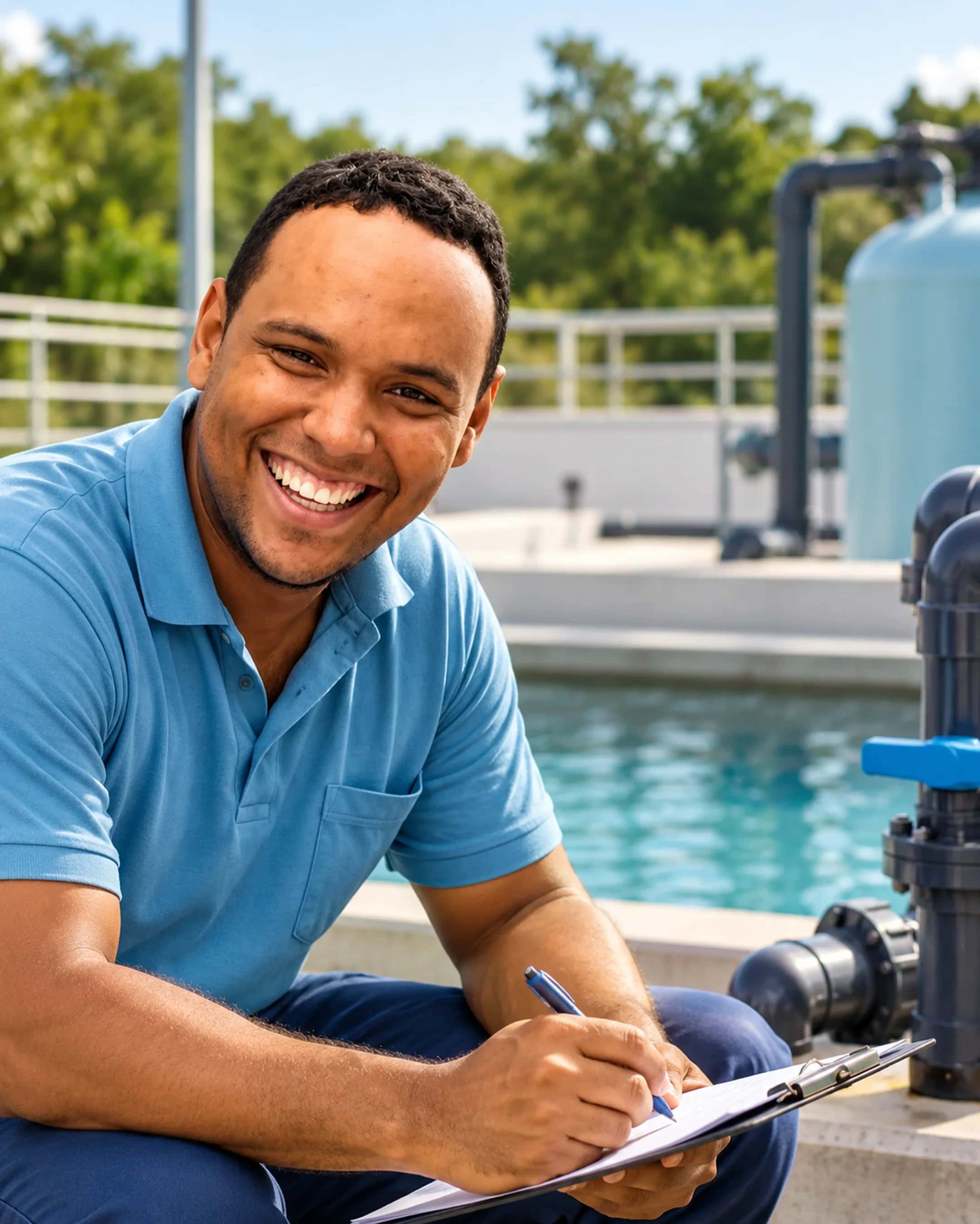 Técnico de camisa azul sorrindo junto à borda de uma piscina em manutenção