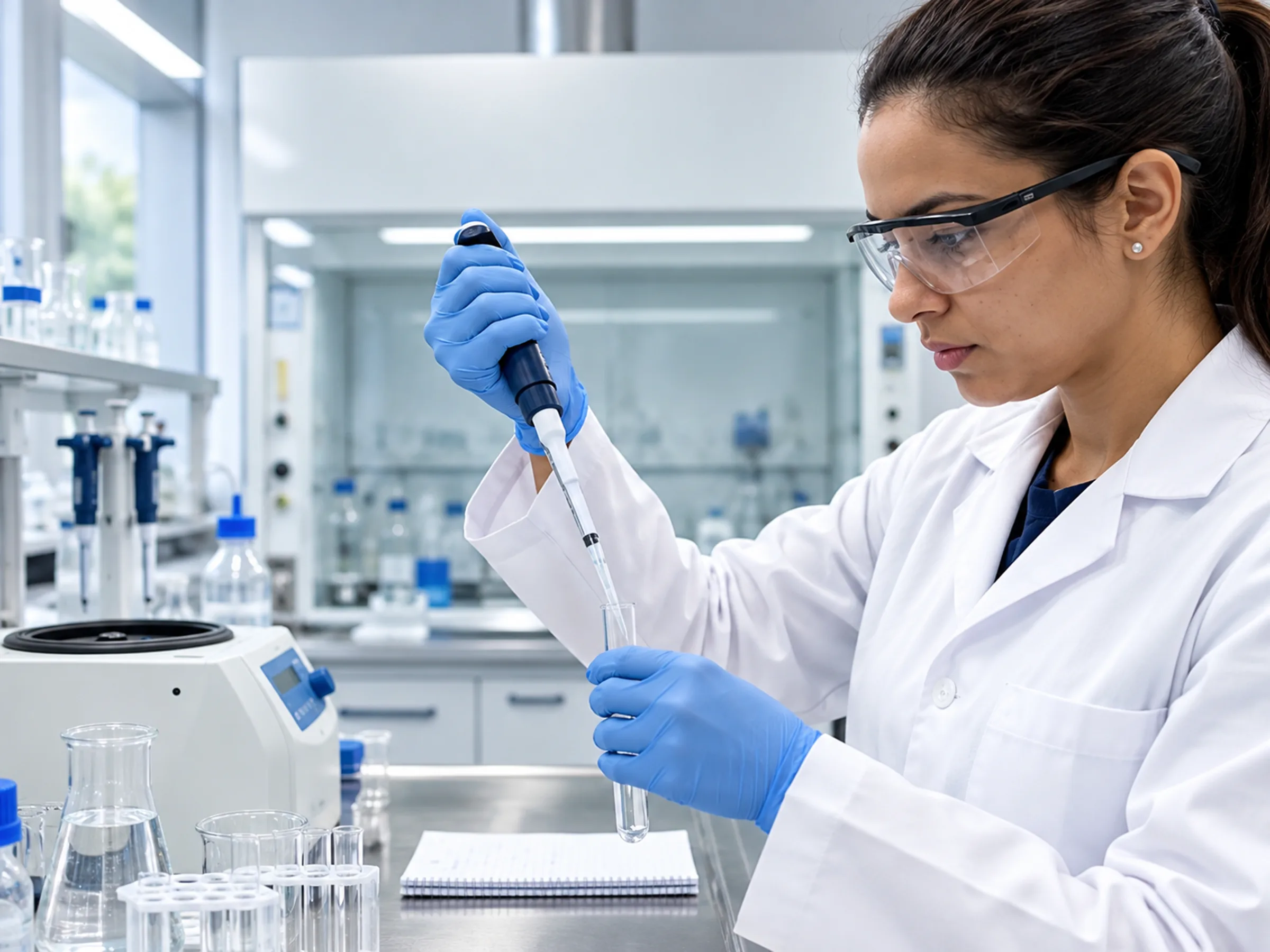 Analista de jaleco pipetando uma amostra para dentro de um tubo de ensaio em laboratório